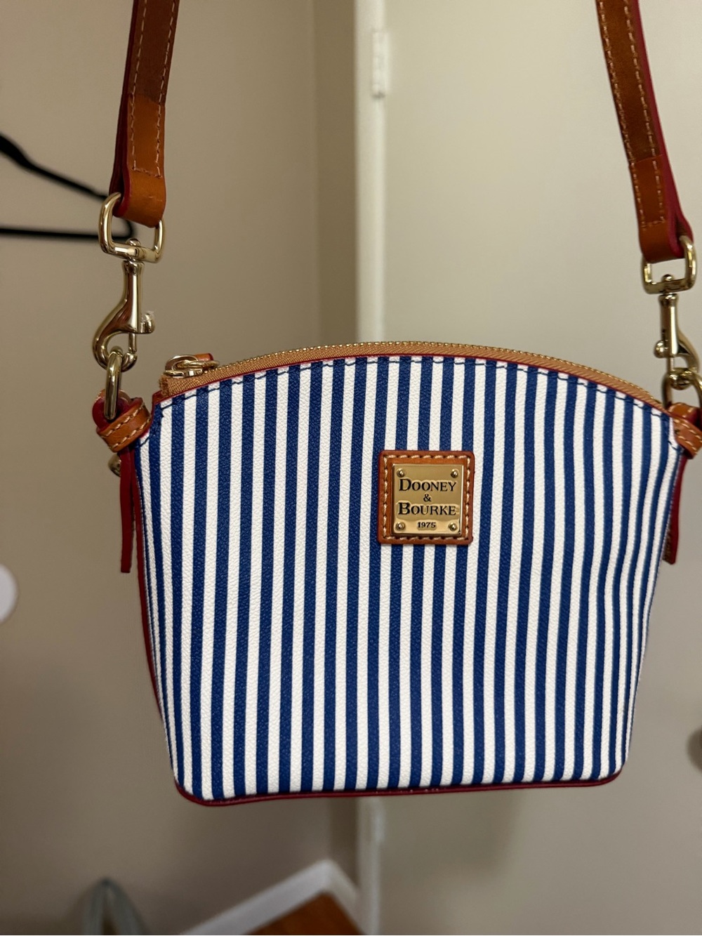Dooney & Bourke Blue and White Striped Canvas Crossbody with Brown Trim